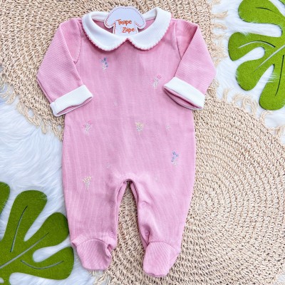  Macacão Tricotil (Tricot 100% Algodão) com Gola e Bordado - Rose Flores com Raminhos